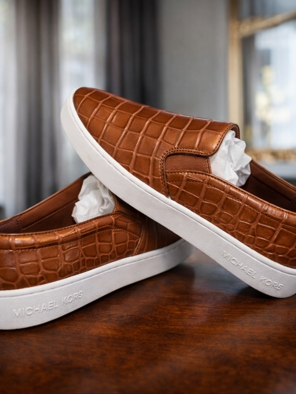 NWT Michael Kors Keaton Brown Croc Embossed Slip-On Sneakers Size 8.5